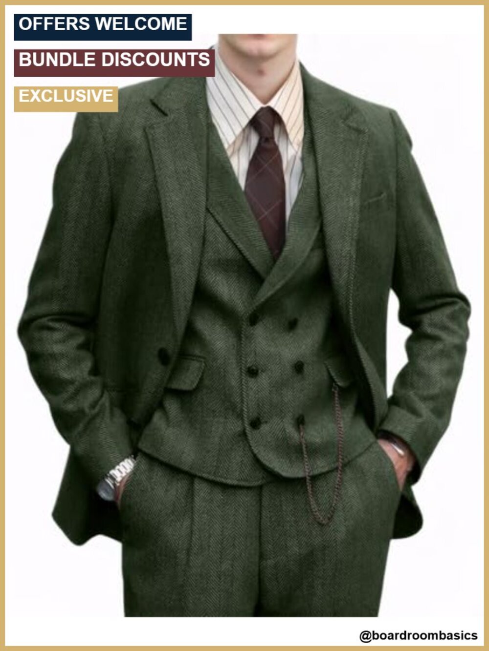 Retro 3-Piece Men's Herringbone Tweed Suit Set with Vest